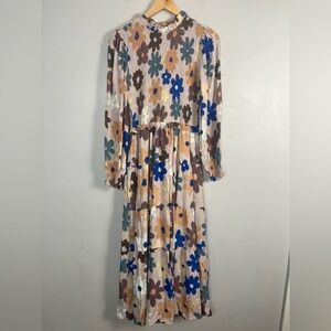 Karlie tiered smocked maxi floral dress size small neutral long sleeve